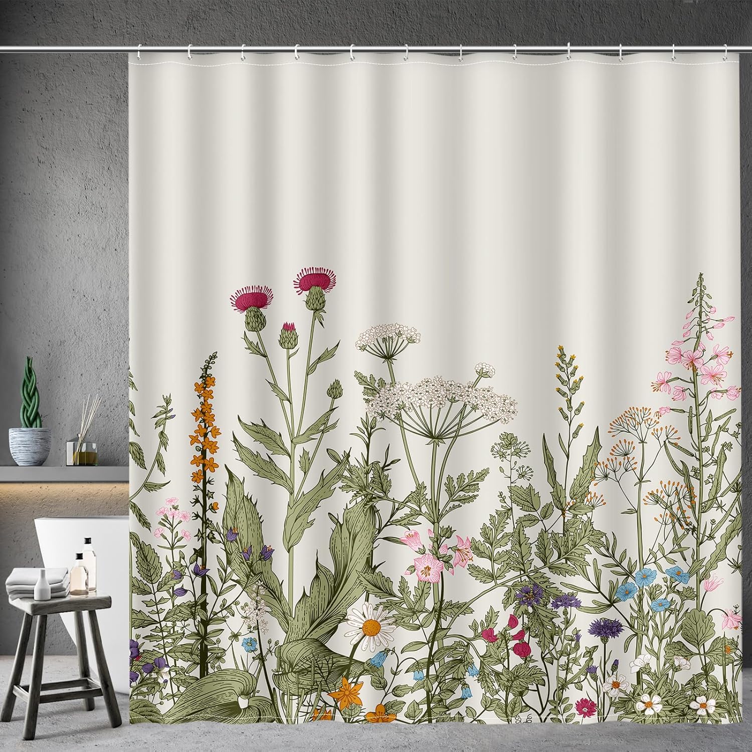 Vintage Dark Cottagecore Mushroom Shower Curtain - Retro Botanical Wildflower Print, Waterproof Fabric Curtain with 12 Hooks | Whimsical Gothic Bathroom Decor #showercurtain #mushroom #cottagecore #vintage #botanical #waterproofcurtain  #gothicdecor