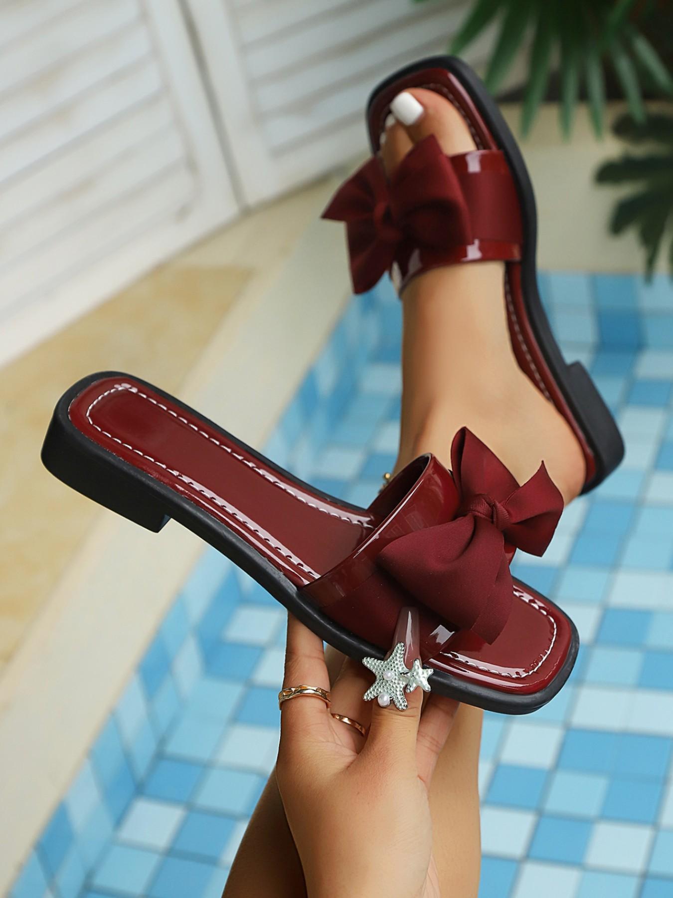 Women's Bow Square Toe Flat Sandals, Cute Casual Summer Fashion, Anti-Slip Vacation Shoes, Solid Color, Rubber Sole, Below Ankle Heel