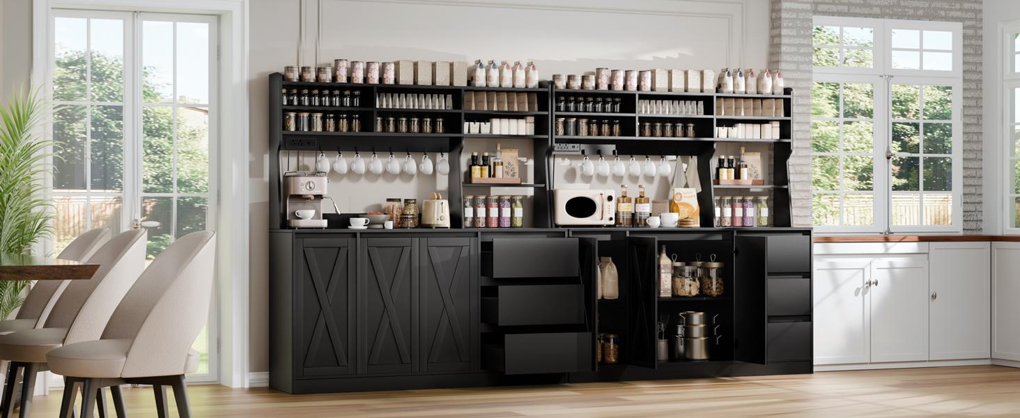 Buffet Sideboard Cabinet w/Power Outlets & LED Light, Large Kitchen Hutch Cabinet w/3 Drawers, Microwave Stand, Adjustable Shelves & 7 Cup Holders, Pantry Cupboard w/Doors