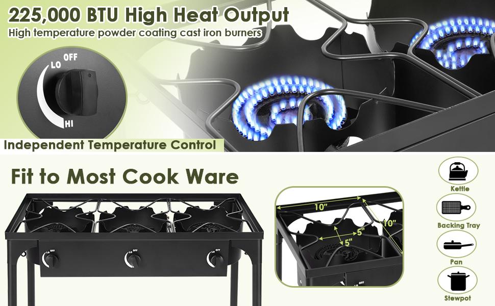 GEEKHOM High Pressure Propane Burner, Portable Triple Burner Outdoor Stand Stove Gas Cooker with Detachable Legs, 0-20 PSI Adjustable Regulator and 1.2m Hose for Outdoor 22.5W BTU (Three Burner Stove) Windproof Butane Refillable