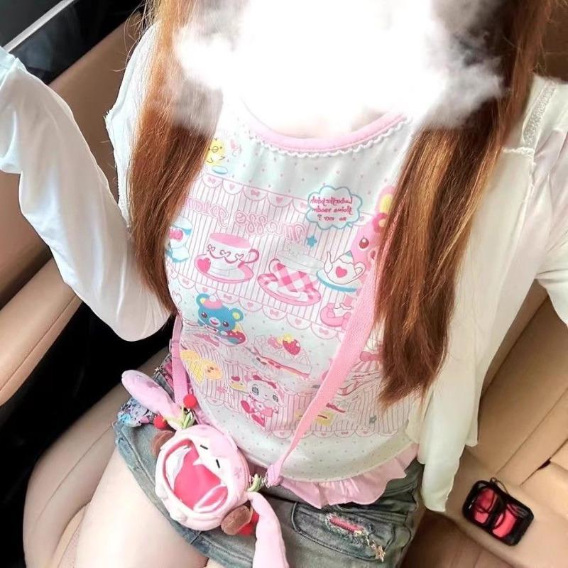 Summer Woman T Shirts Japanese Pink Tees O-neck Short Sleeve Camisetas Anime Print Cute Tshirts  Tops Cartoon Sweet T-shirt