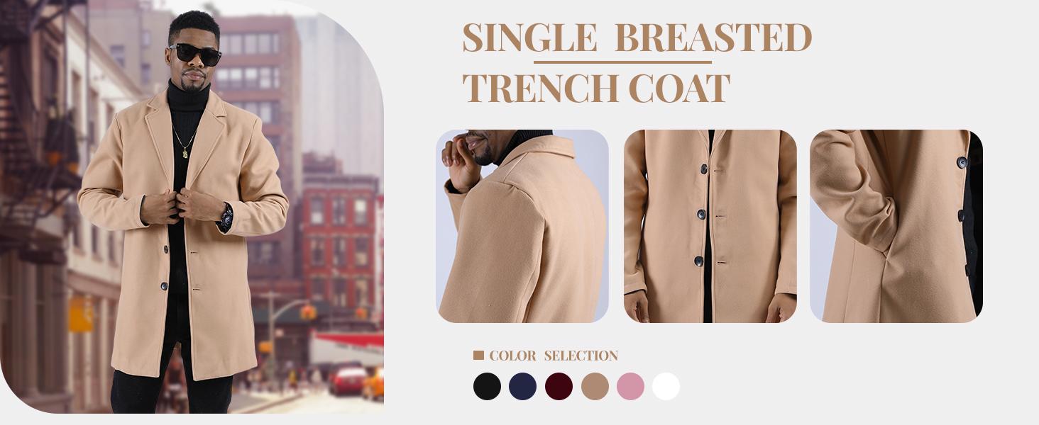 Kingapril Men's Wool Blend Pea Coat Notched Collar Single Breasted Overcoat Warm Winter Trench Coat Windproof Casual Jacket Plain Menswear Long Sleeve