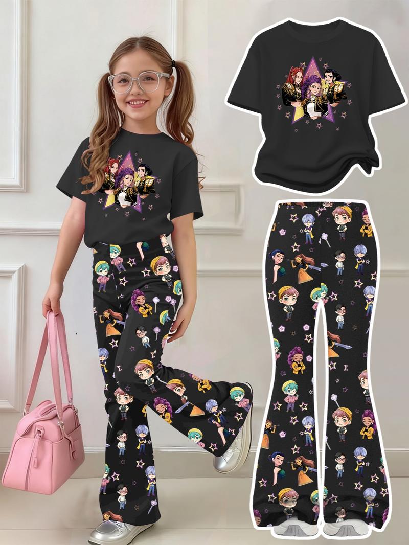 K-Pop Demon Hunters Girl Set, Y2K Sweet Cool Kpop Style, Short Sleeve T-Shirt & Derpy Huntrix Cartoon Pants
