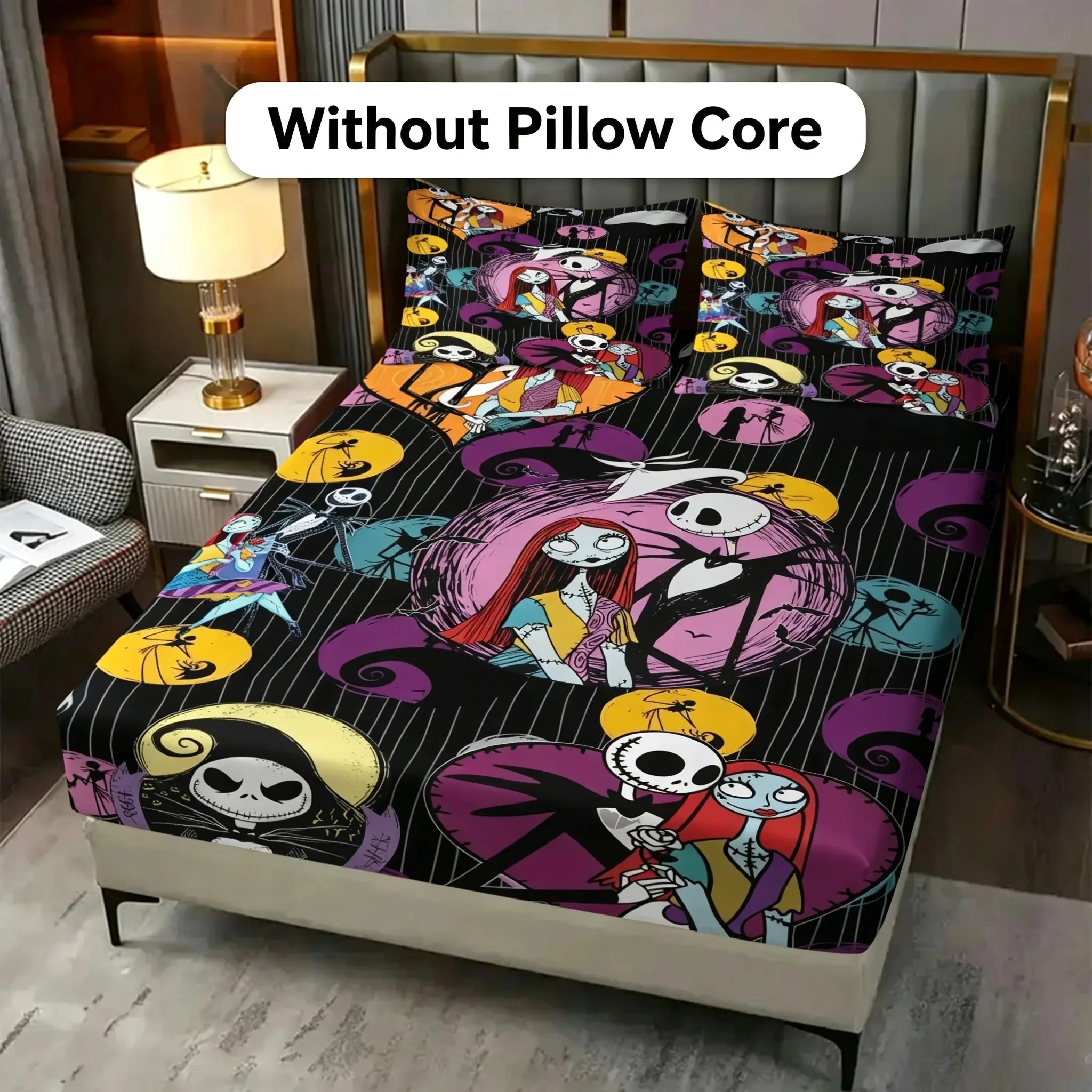 3-Piece Halloween Cartoon Animated Character Fitted Sheet Set, 1 Fitted Sheet & 2 Pillowcases (Pillows Not Included). Soft comfy bedding with cool trendy vibe, anti-slip for bedroom, decor for bedroom & dorm, creative gift for teens and adults.