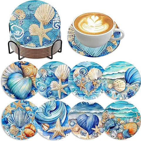 8-Piece Diamond Art Coaster Set with Stand, Diamond Painting Coasters, DIY Ocean Series Pattern, Suitable for Adults and Beginners, Perfect Gift for Friends