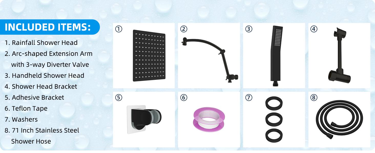 Hibbent All Metal 10'' Rainfall Shower Head, Square Shower Head Combo, High Pressure Handheld Shower Wand, 16'' Adjustable Arc-shaped Shower Extension Arm, 71'' Hose, 2 Showerhead Holders, Matte Black rain shower
