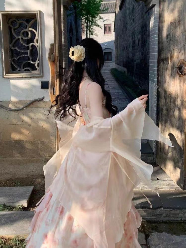 2 Piece Dress Sets Women Elegant Chiffon Summer Casual Slim Strap Dress + Fairy Cardigan Fashion Chic Vintage Suit Even Party