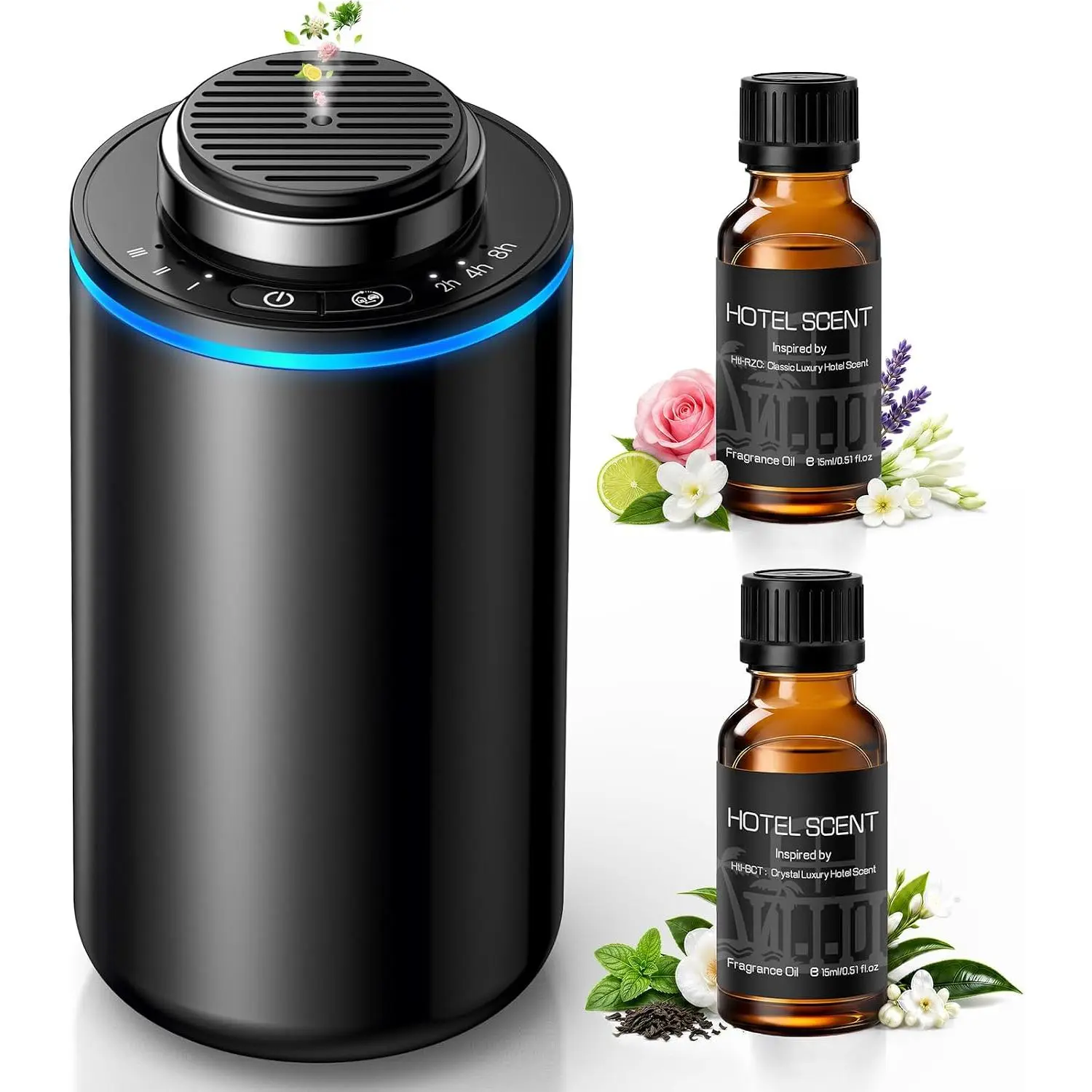 XEITIN Waterless Essential Oil Car &Home Scent Diffuser, 2 x 15mL Hotel Scent Fragrance Oil- Cordless Car Scent Diffuser with 3 Intensities & 3 Timer - 2000mAh Battery Operated Scent Air Machine for Room Office Hotel