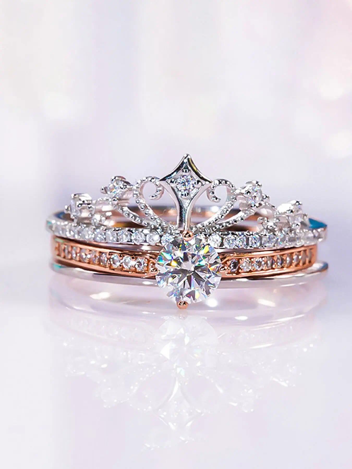 Firework Castle Ring - Princess Sparkling Crown Ring. Double Layer 2-in-1 Adjustable Rose Gold. Luxury versatile engagement ring, delicate jewelry gift for wife, girlfriend, mom. Ideal Mother’s Day & anniversary gift. Elegant, sparkling & daily wearable.