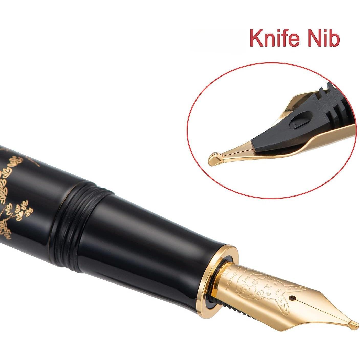N23 Black  Fountain Pen, Long  Medium Nib  Trim,  Year Lucky  Carving Design, Smooth Writing Pen with Converter and Metal Pen Box Set