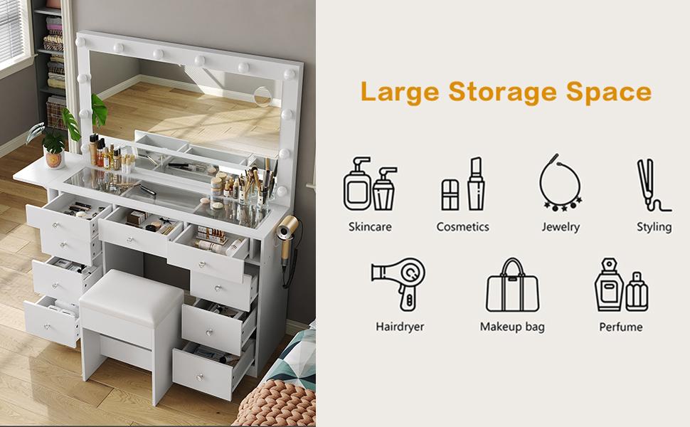 FUSOU 47"W 9 Drawers Vanity Set with Fold-up Panel, Vanity Desk with Power Outlet, Makeup Vanity with Lighted Mirror, 3 Lighting Modes Adjustable, Glass Top, Vanity Table with Chair for Bedroom