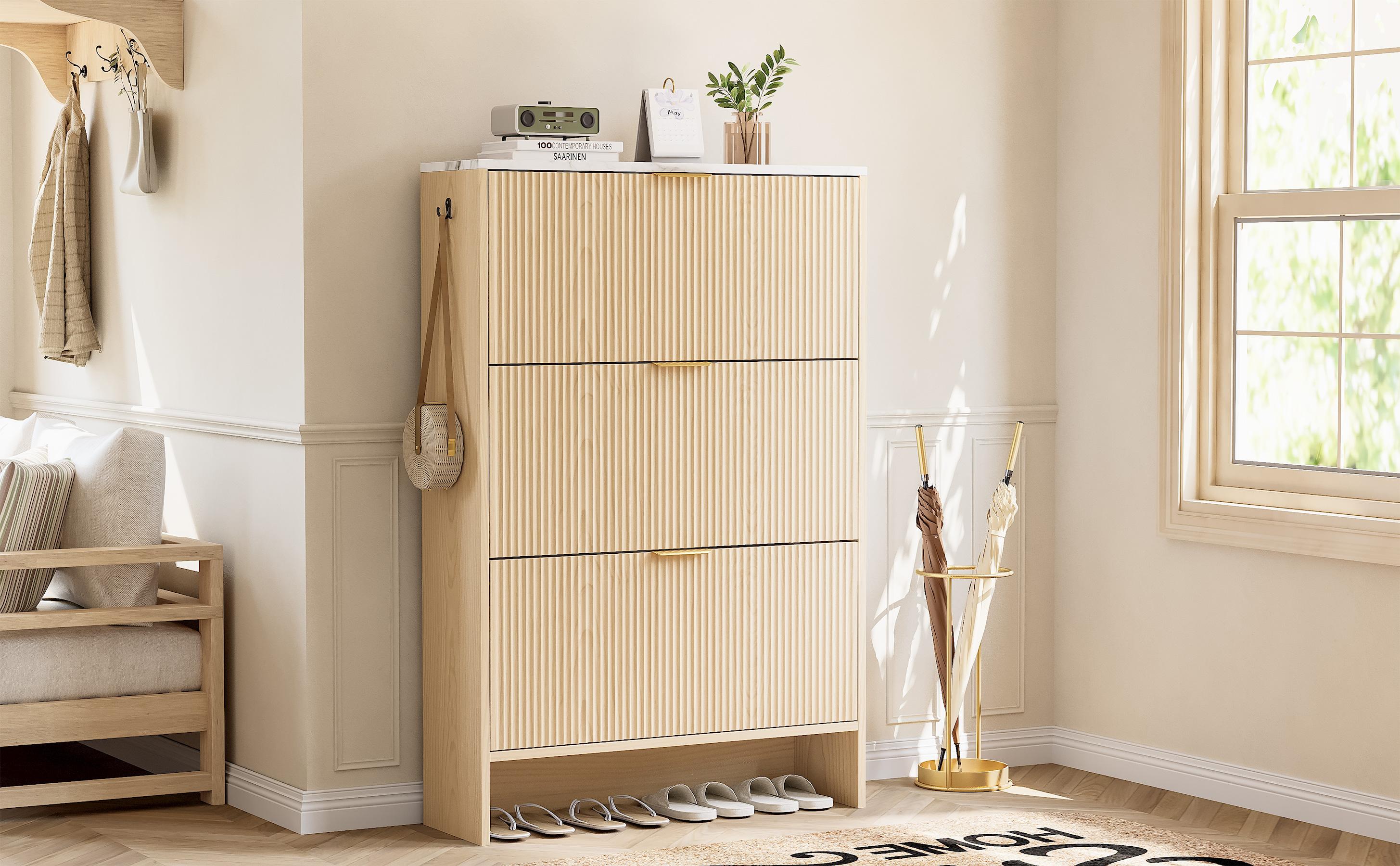 IRONCK Shoe Storage Cabinet with 3 Flip Drawers, Fluted Shoe Cabinet Storage for Entryway, Free Standing Wooden Shoe Organizer Cabinet for Hallway