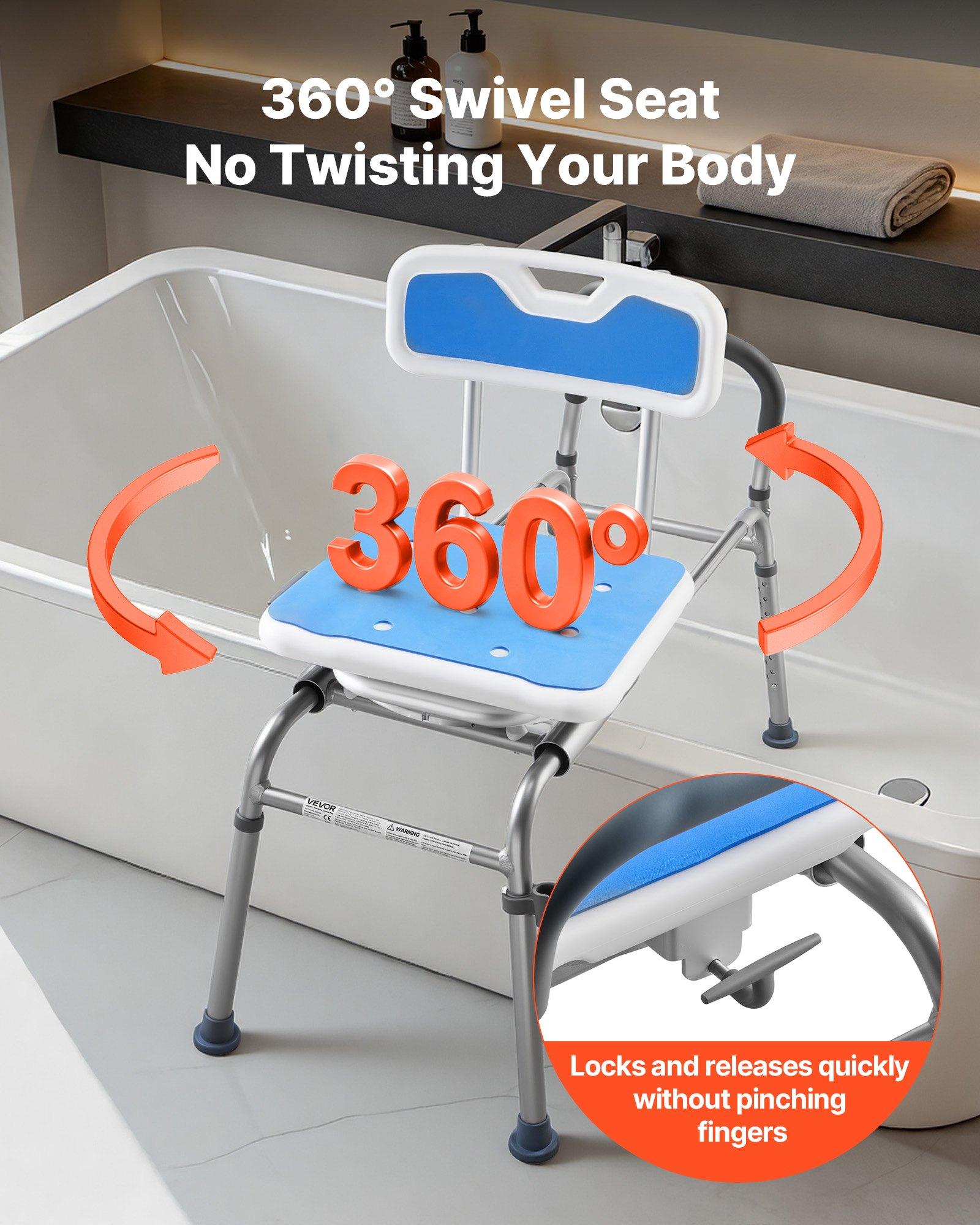 VEVOR Aluminum Sliding Shower Chair with Shower Holder, 400 lbs Tub Transfer Bench, 360° Swivel Seat, Padded Seat, Armrest Handles, Backrest, Height-Adjustable, 40.7x21.3x40.2in, Easy-Clean for Disabled Adults, Simple Installation
