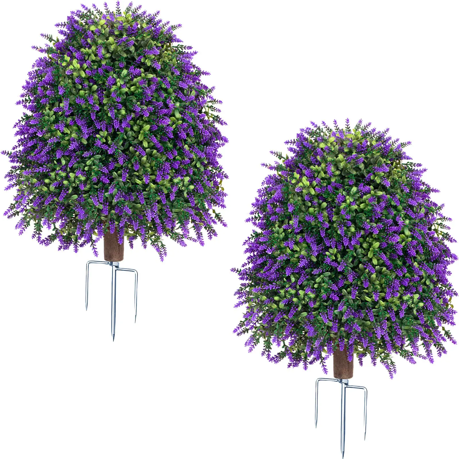 2 Piece Artificial Lavender Ball Bush with Metal Stake, UV Resistant Lavender Plant, Vintage Farmhouse Decor for Outdoor Garden