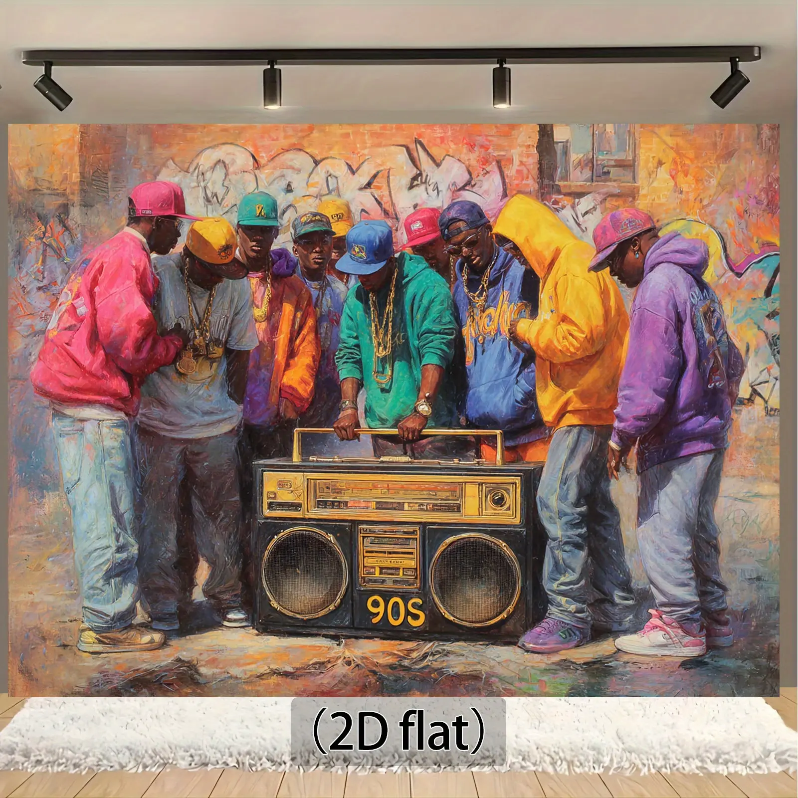 Vintage 90s Hip-Hop 2D Flat Backdrop Banner - Lightweight Multicolor Durable Polyester Photo Decor, No Electricity Retro Boombox Graffiti Wall Colorful Hoodies Design, Gift for Birthday Club Home