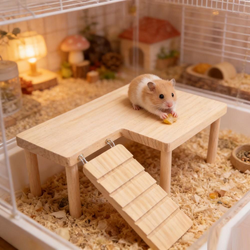 1 Set L-Shaped Solid Wood Hamters Two-Tier Platform Table with Ladder, Hamster Toys Bite-Resistant Stable Pet Hideout, Climbing Furniture for Small Pets, All Seasons Use