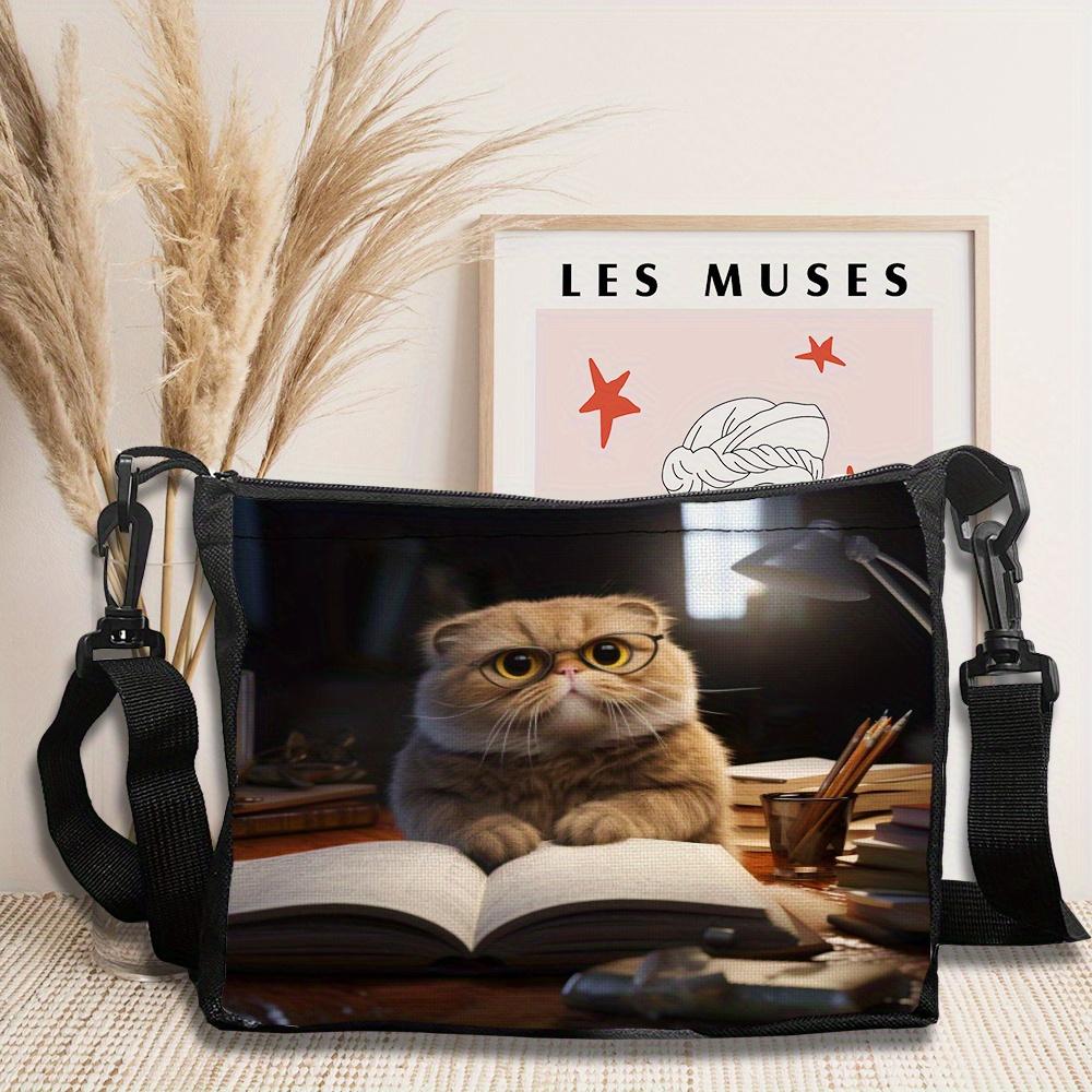 Scottish pleated cat wearing glasses printed shoulder bag, daily messenger bag, cute small bag, perfect for play and leisure activities 6.17