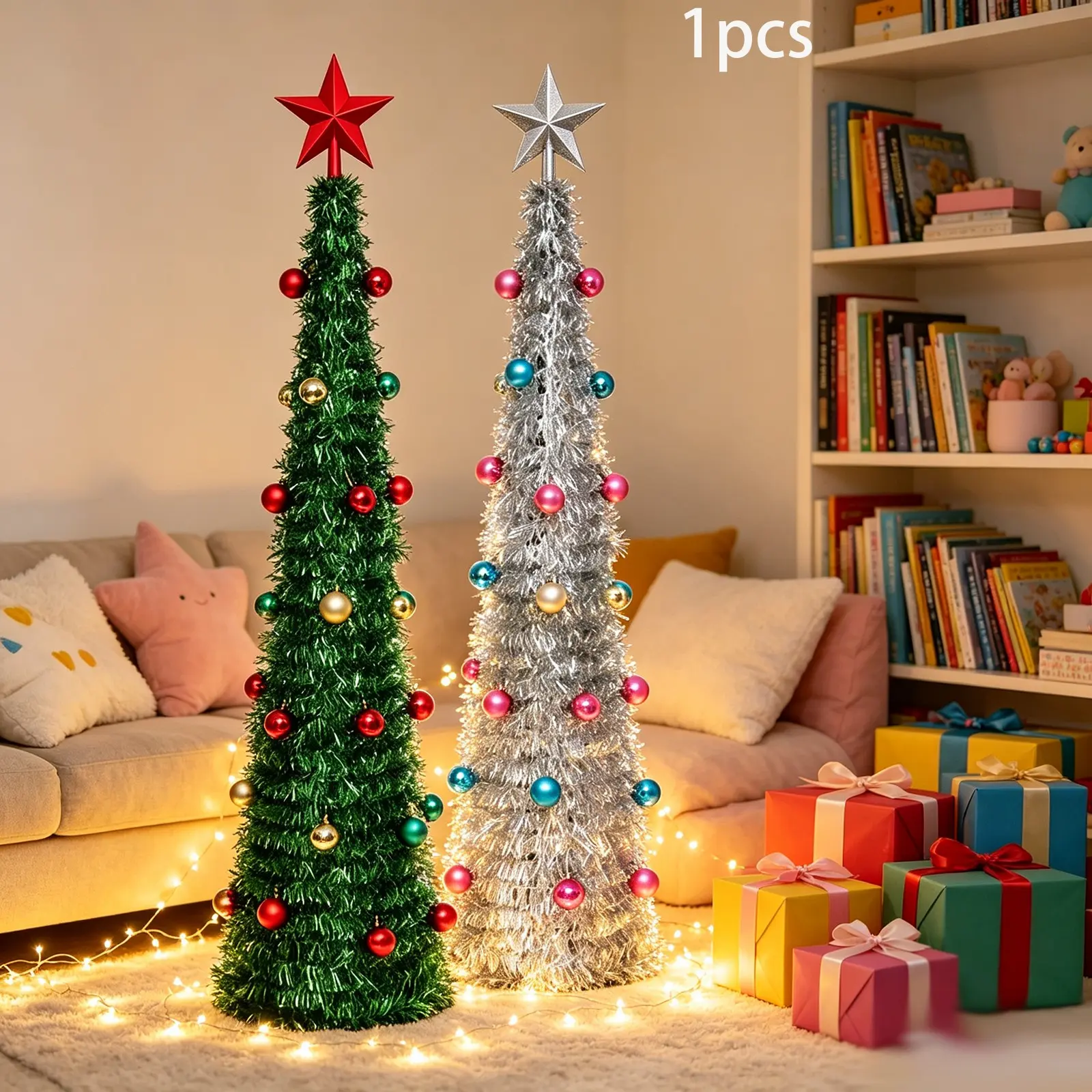 5 Feet Foldable Christmas Tree, Flashing Pop-Up Design, Includes Stars and Decorative Balls, Easy Installation, Saves Living Room Space for Small Homes