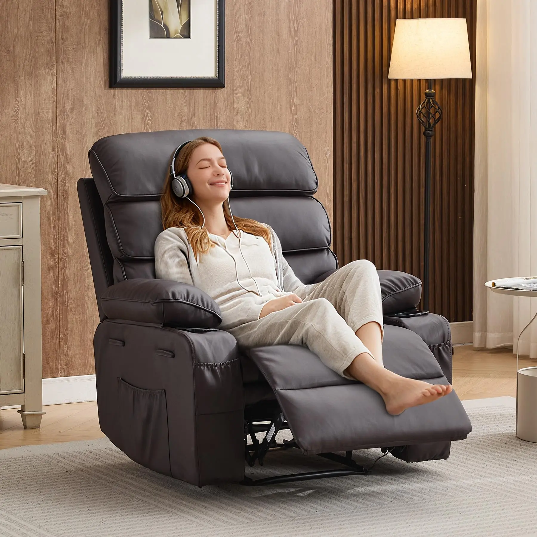 Extra Wide PU Leather Recliner Chair for Adults with Massage & Heating Function, Manual Glider with Adjustable Backrest and Footrest, Power Swivel, Built‑in Cup Holders & Side Pocket, 57CM Wide Seat, Brown PU Upholstery