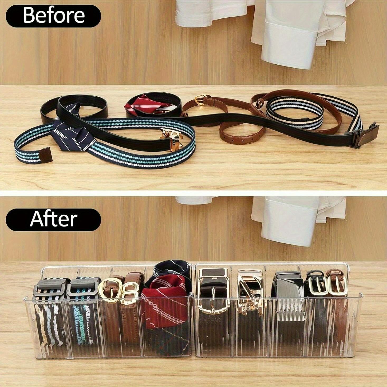 High Capacity Transparent Plastic Belt Organizer Box, 4 Compartments with Removable Dividers, Desktop Makeup Storage Shelf