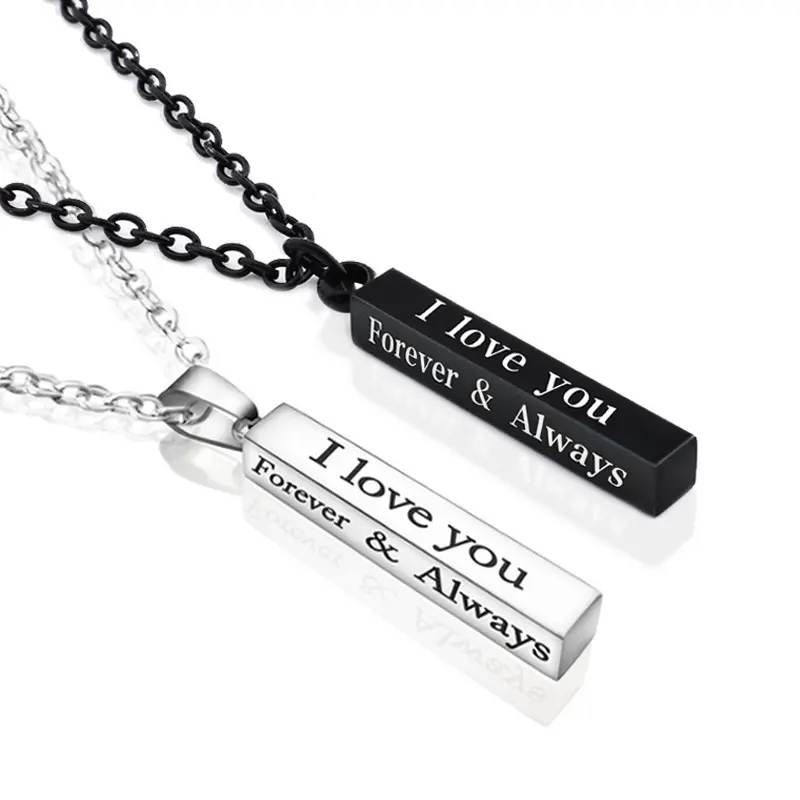 "I Love You" Stainless Steel Wishing Column Pendant Necklace – Black & Silver – Couples' Gift