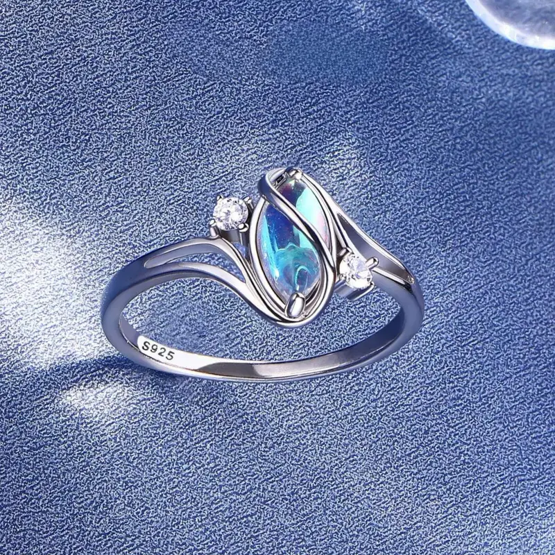 925 Synthetic Moonstone Ring with 5A CZ Accent Design, Elegant Women's Rainbow Stone Jewelry for Girls, Romantic Moon Ring Perfect Gift for Lover as Birthday and Christmas, for Daily Wear and Party,Mother's day Gift