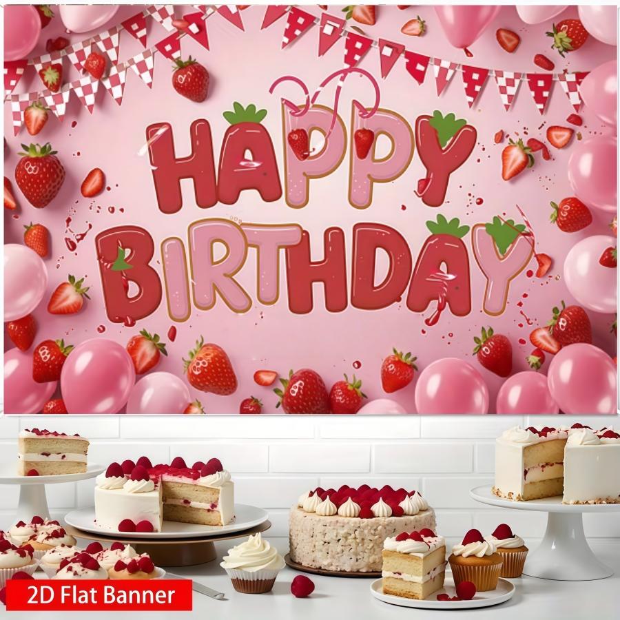 Pink strawberry themed birthday party background cloth,polyester birthday party banner,vibrant pink background,suitable for photo booths, parties, birthdays, celebrations, indoor and outdoor home birthday party decoration, home decoration, room decoration