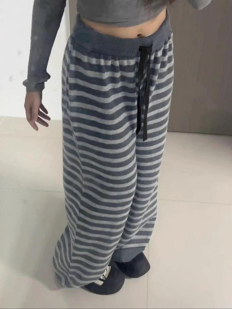 Women's casual loose plaid wide leg pants, autumn and winter elastic stripes, drawstring, loose hanging, comfortable and fashionable women's wide leg pants