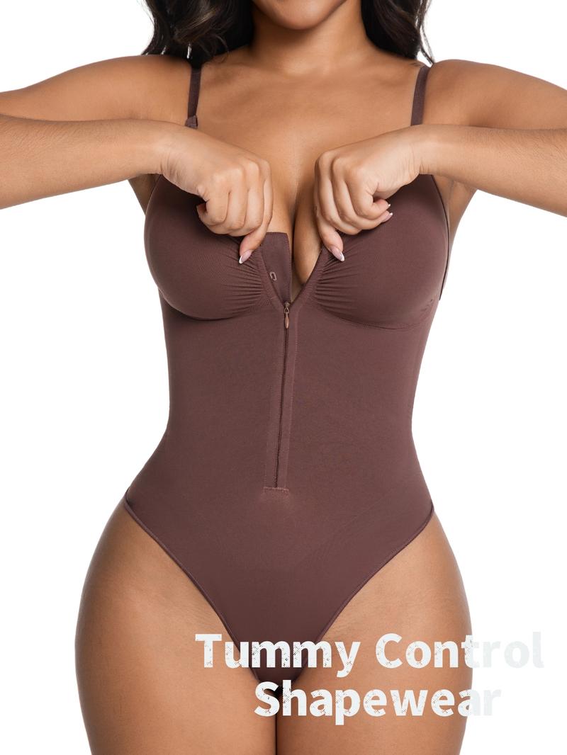 Women's Seamless Shapewear Bodysuit, Front Zipper Design, Tummy Control Thong Style, All Seasons Wearable, Comfortable Fit
