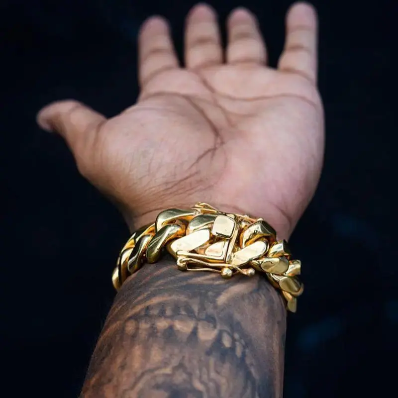 14k Gold Plated Heavy Mens Soild Cuban Link Chain Bracelet Brass Stainless Steel Miami Bangle Hip Hop Jewelry Gift