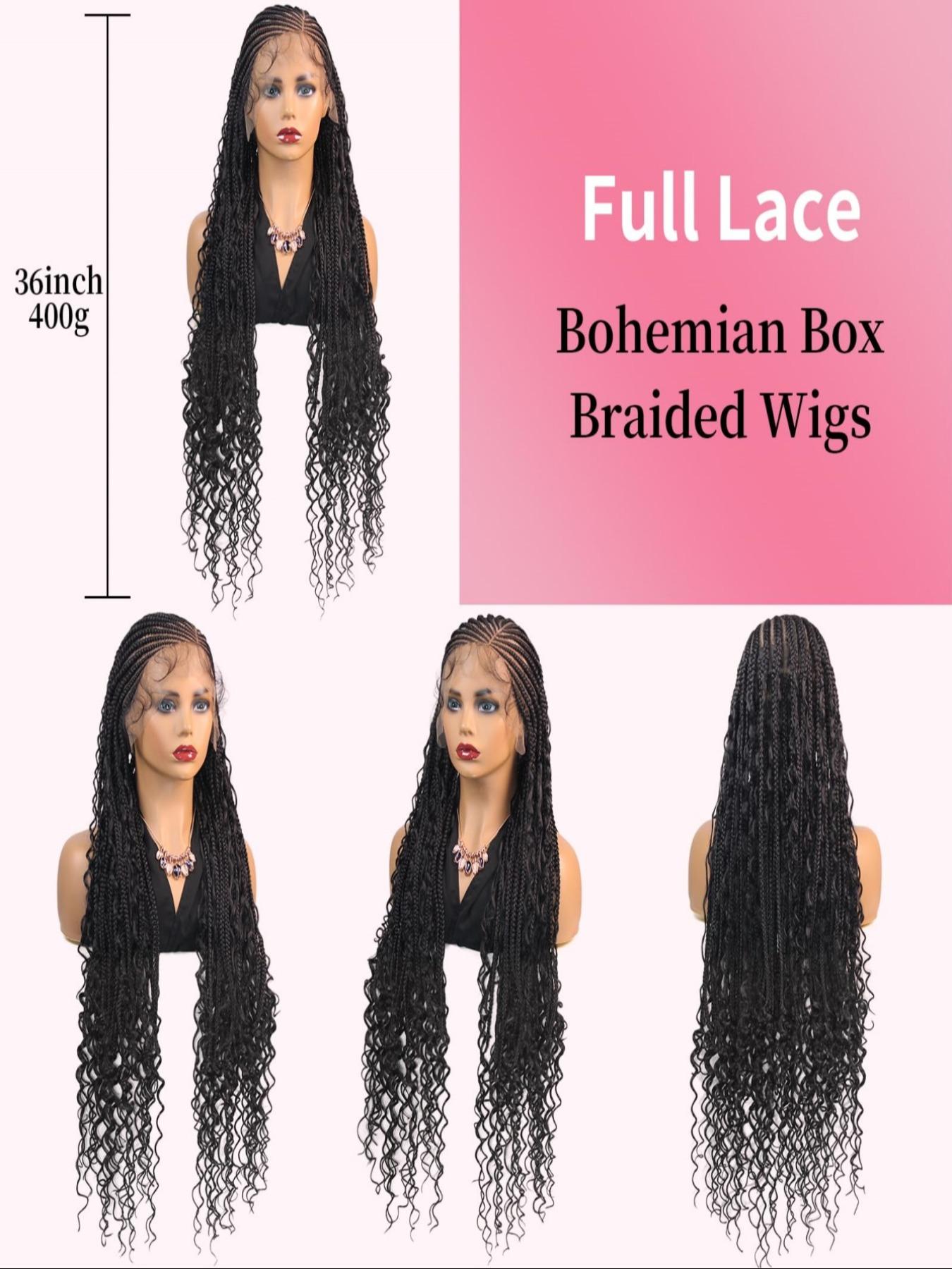 Boho Style 36 Inch Braided Wigs for Women, HD Full Lace Side Part, Synthetic Heat Resistant Fiber, Handmade Braids for Daily Wear