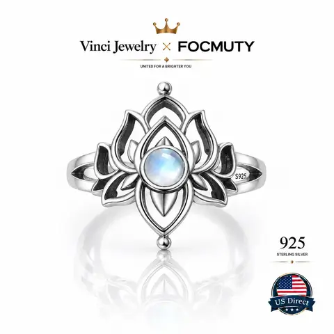 FOCMUTY 925 Steling Silver Moonstone Lotus Ring, Vintage Spiritual Growth and Enlightenment Jewelry, Symbol of the Goddess Heqet, Pagan Symbol, Synthetic Moonstone Lotus Flower Jewelry Gift for Mom Girlfriend, Mother's day Gift
