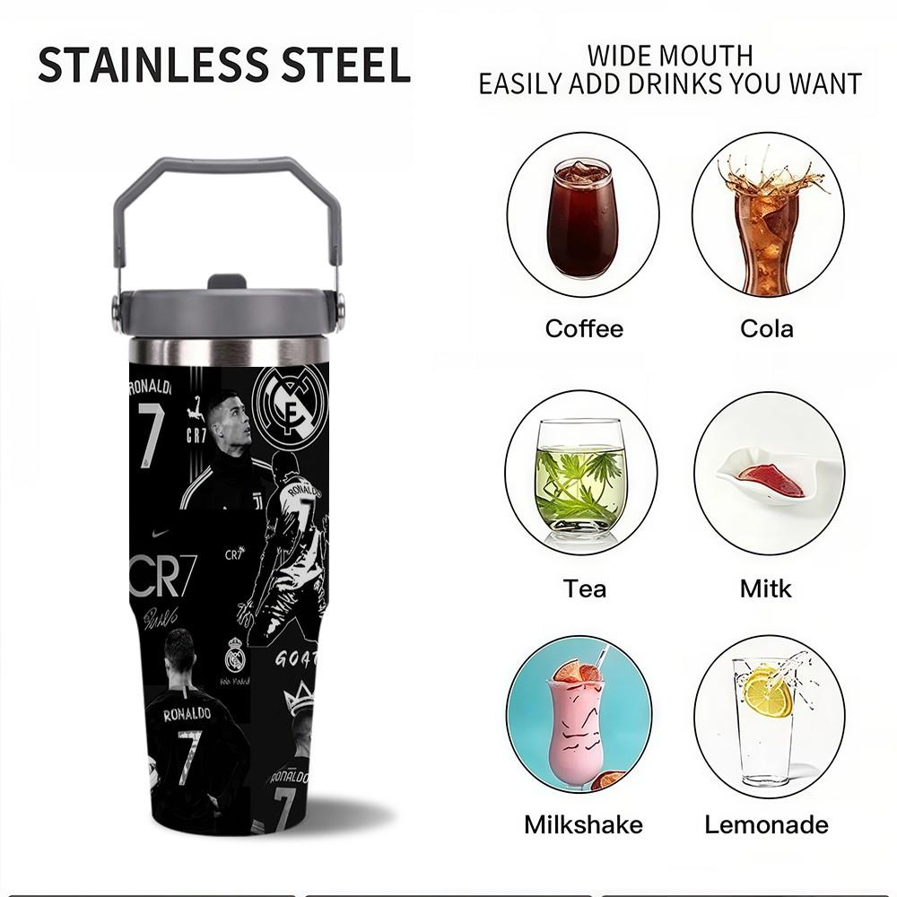 1pc C Ronaldo Print Insulated Travel Mug Tumbler, Long-Lasting Heat and Cold Retention, Stainless Steel Thermal Reusable Cup, Ideal for Fishing, Camping, Office