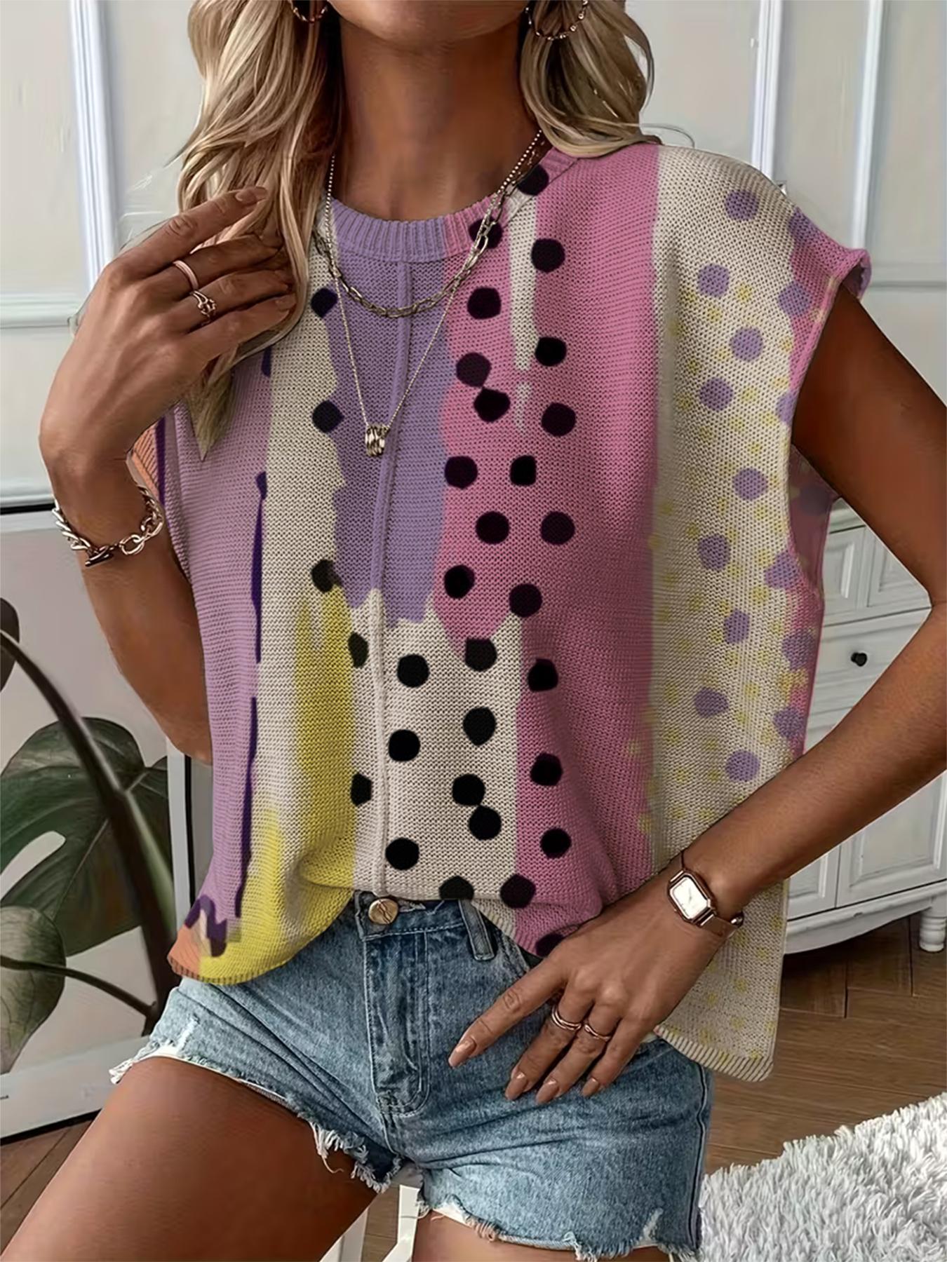 Summer Round Neck Short Sleeve Knit Top Blouse, Loose Fit Colorblock Polka Dot Print, Casual Elegant Commuter, Bikini Cover-Up