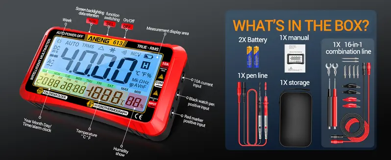 Digital Multimeter Tester - 4000 Counts Auto-Ranging TRMS Volt Meter with Large LCD, 2*Meter Pen, 1*Instruction Manual for DIY Projects, Measures AC/DC Current, NCV, Voltage, Resistance, Diode, Continuity, Capacitance, Temperature (Red), Alarm Clock, Cale