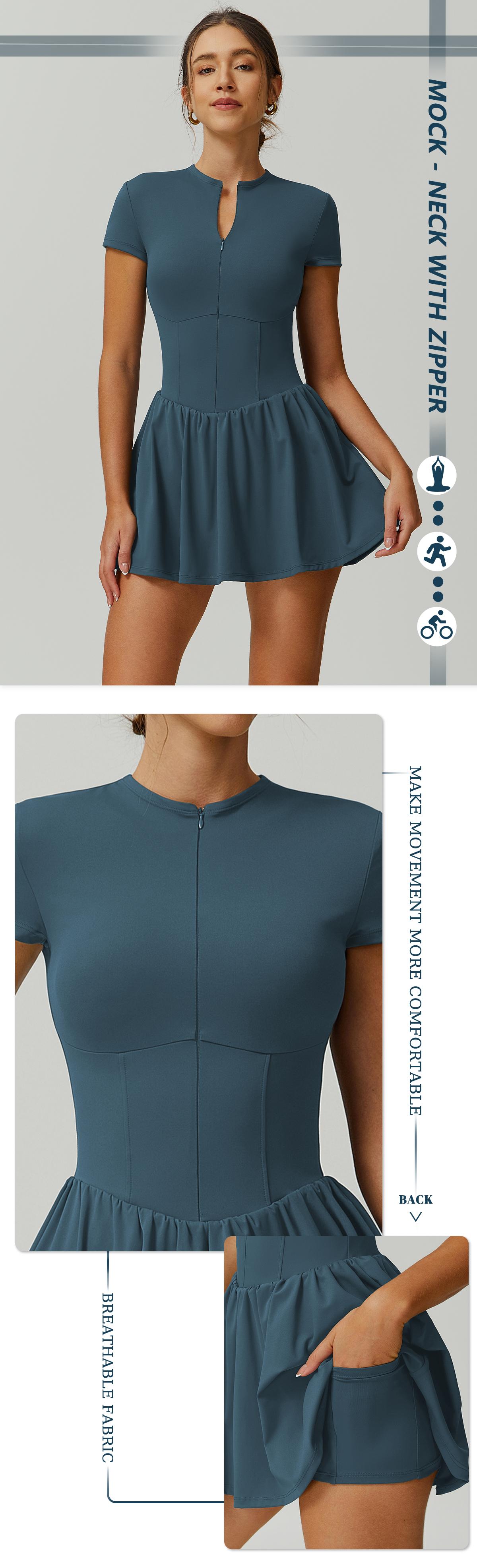 TIMEOFF Women's Short Sleeve Zip-Up Athletic Romper with Mock Neck & Flared Skirt Design for Summer Sports & Fitness Wear - Sporty Chic Dress Tennis Attire