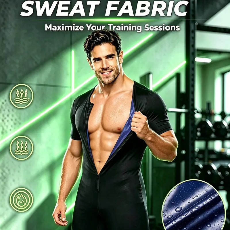 (order one size up)1 Pack Men Sauna Short Sleeve One Piece Workout Bodysuit, Front Zipper Design, Athletic Sport Jumpsuit, All Season Activewear Workout Clothes for Gym Training Running Cycling, Ideal Christmas Gift