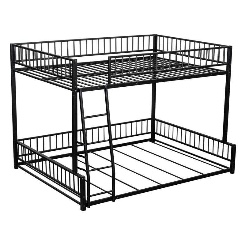 Modern Full XL Over Queen Bunk Bed Frame, Metal Floor Bunk Bed Frame with Ladder & Guardrails, No Spring Box Needed, That Can Separate, Black