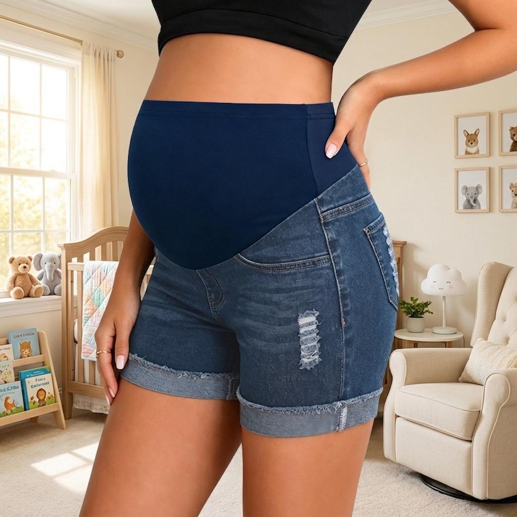 Women's 2-Pack Maternity Denim Shorts Set - Over Belly High Waist, Dark Blue Ripped & Non-Ripped, Soft Stretch Belly Support, Summer Casual Wear for All Trimesters  maternity fashion essentials summeressentials jumpsuit