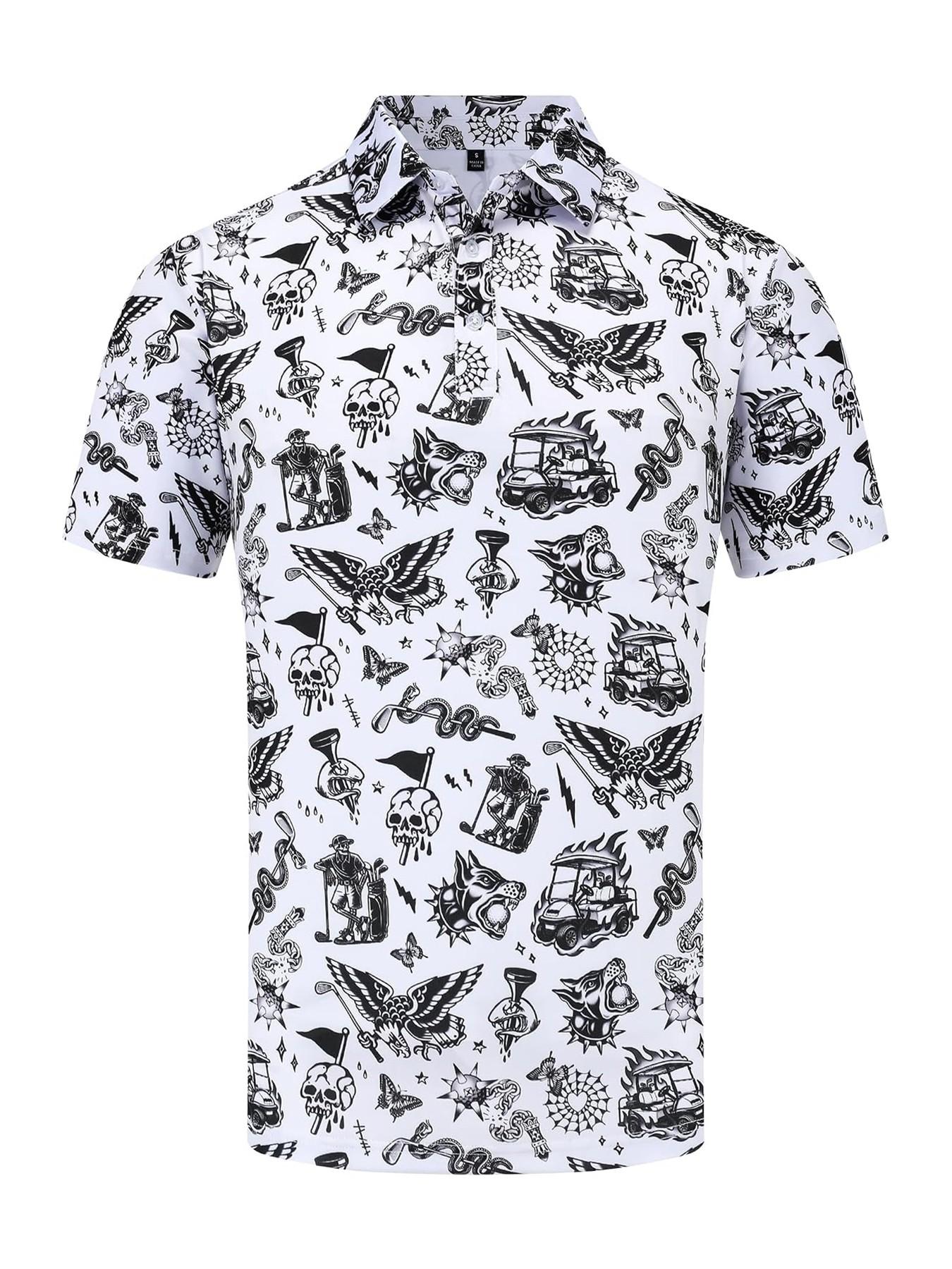 Men's Halloween Theme Polo Shirt, Hand-Drawn Skull Ghost Tombstone Pattern, Short Sleeve, Breathable, Festive Casual Golf Top,Unisex (Recommended ordering one size up),polo shirt for men,deals of the day，halloween costumes for men，halloween costumes