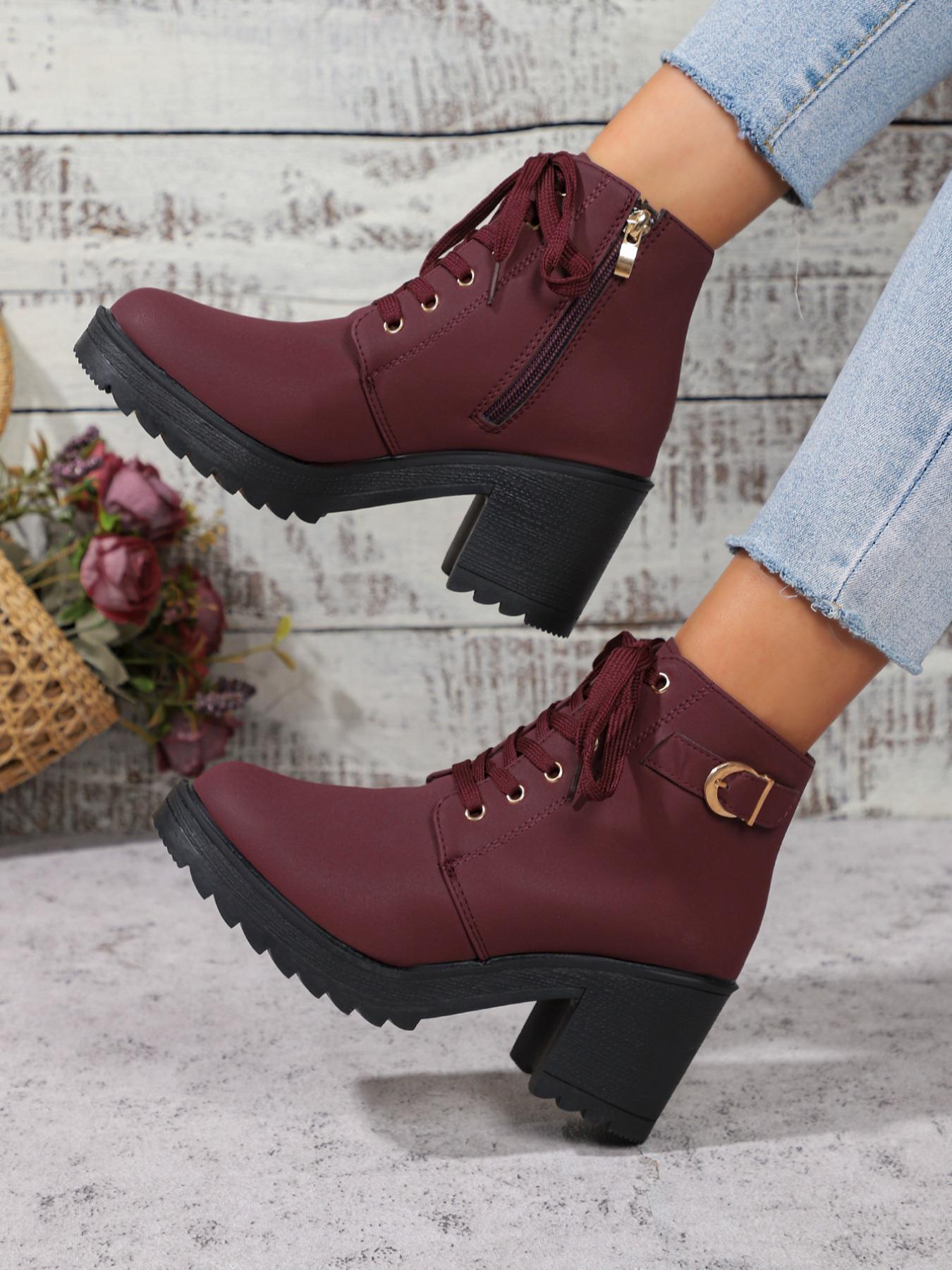 Women's Chunky Heel Thick Sole Ankle Boots, Side Zipper Lace-Up High Heel Boots, Fall Winter Casual Fashion Shoes