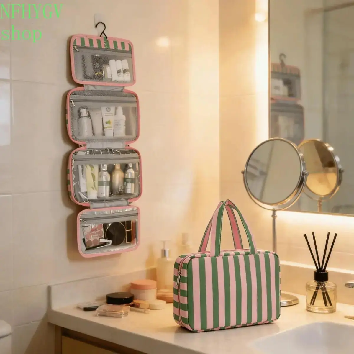 Women’s Foldable Hanging Toiletry Bag, Large Capacity Waterproof Cosmetic Organizer With Multiple Zipper Compartments, Portable Travel & Gym Makeup Storage Bag