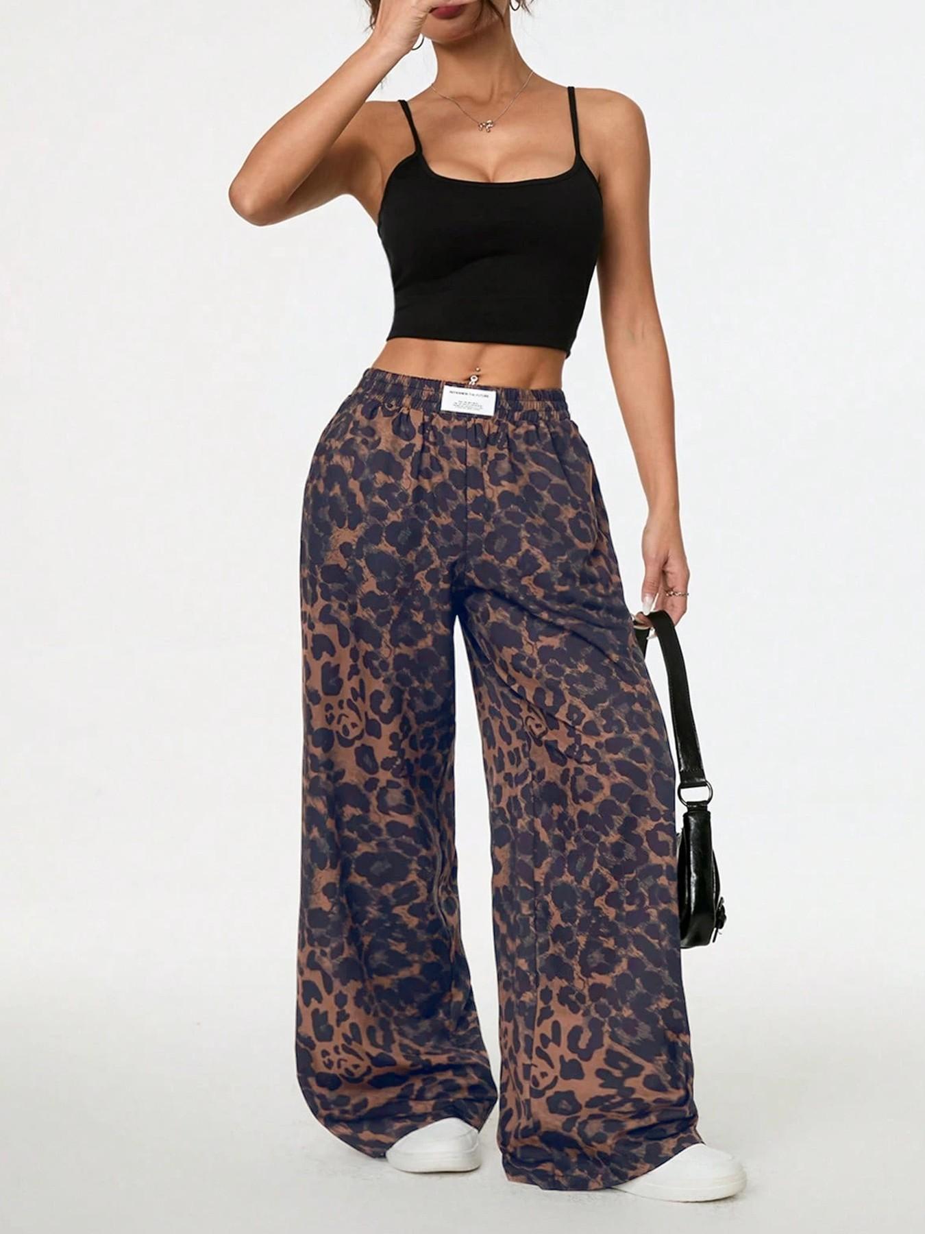 Women's Leopard Print Wide Leg Pants, High Waist Elastic Waist Loose Fit Street Style Long Pants, Fashionable Casual Wear, Casual Street Trousers