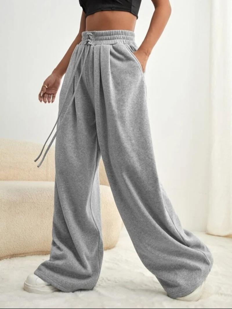 Women's Loose Fit Slimming Casual Sweatpants, Front Waist Tie Design Wide Leg Sport Pants, Drawstring Waist Athleisure, All-Season Fashion Joggers