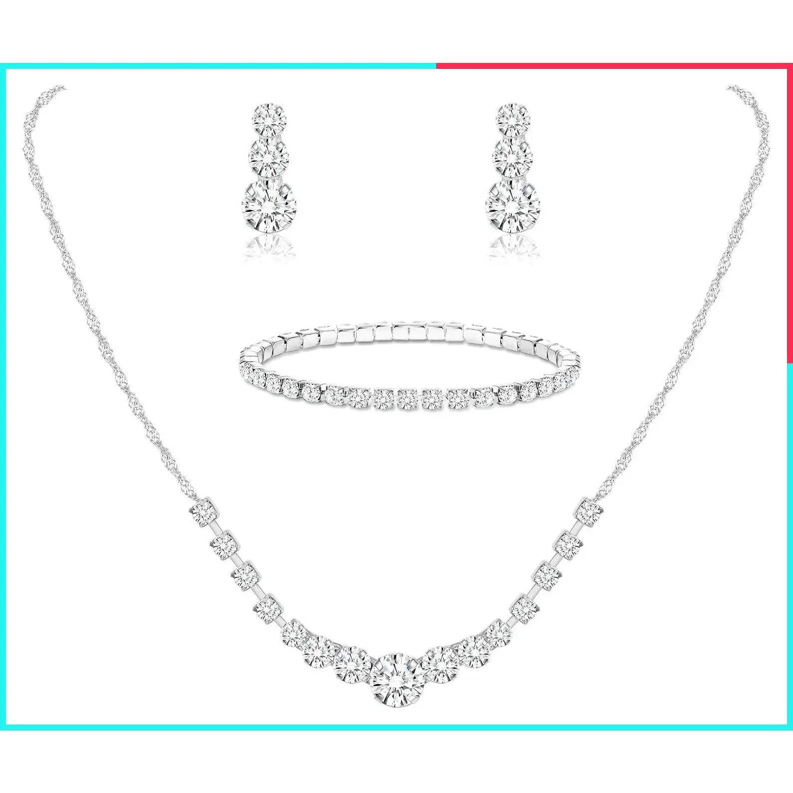 Silver Rhinestone Jewelry Set for Women - Sparkly Crystal Wedding Accessories, Bridal Necklace Bracelet Earring Set, Gifts for Bride Bridesmaids, Prom Party Birthday