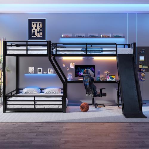 [Bellemave]L-Shaped  Bunk Bed with Twin Size Loft Bed, Metal Triple Bunk Bed with Slide and USB Ports, Space-saving and Noise-free Design, Black
