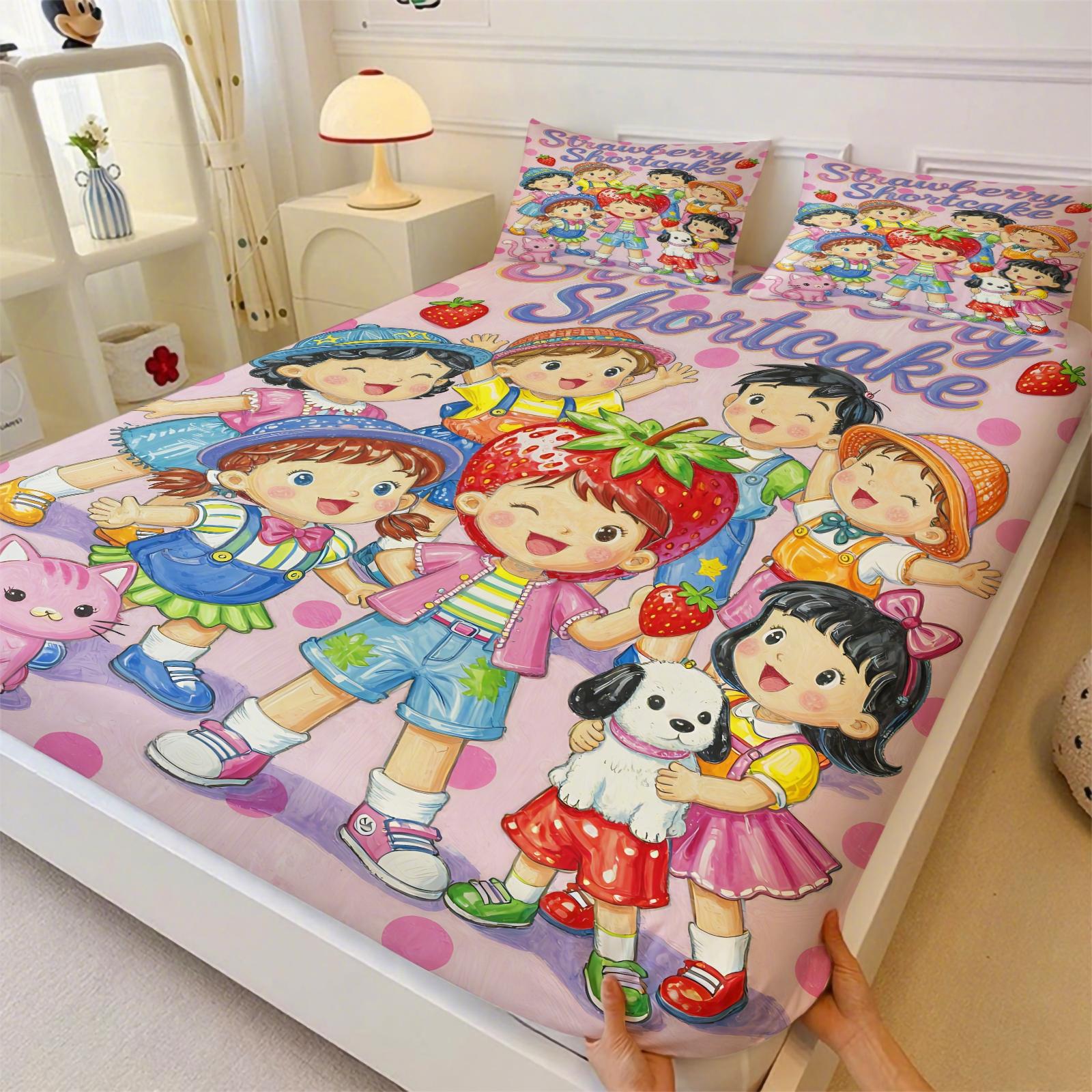 Strawberry Sweetheart Fitted Sheet Set & 2 Pillowcases, 3D Strawberry Full Print & Q-Version Cartoon Girl Design, Soft Anti-Slip Wrinkle-Resistant, Sweet Healing Style Girl's Room Kids Room Decor, Gift Choice