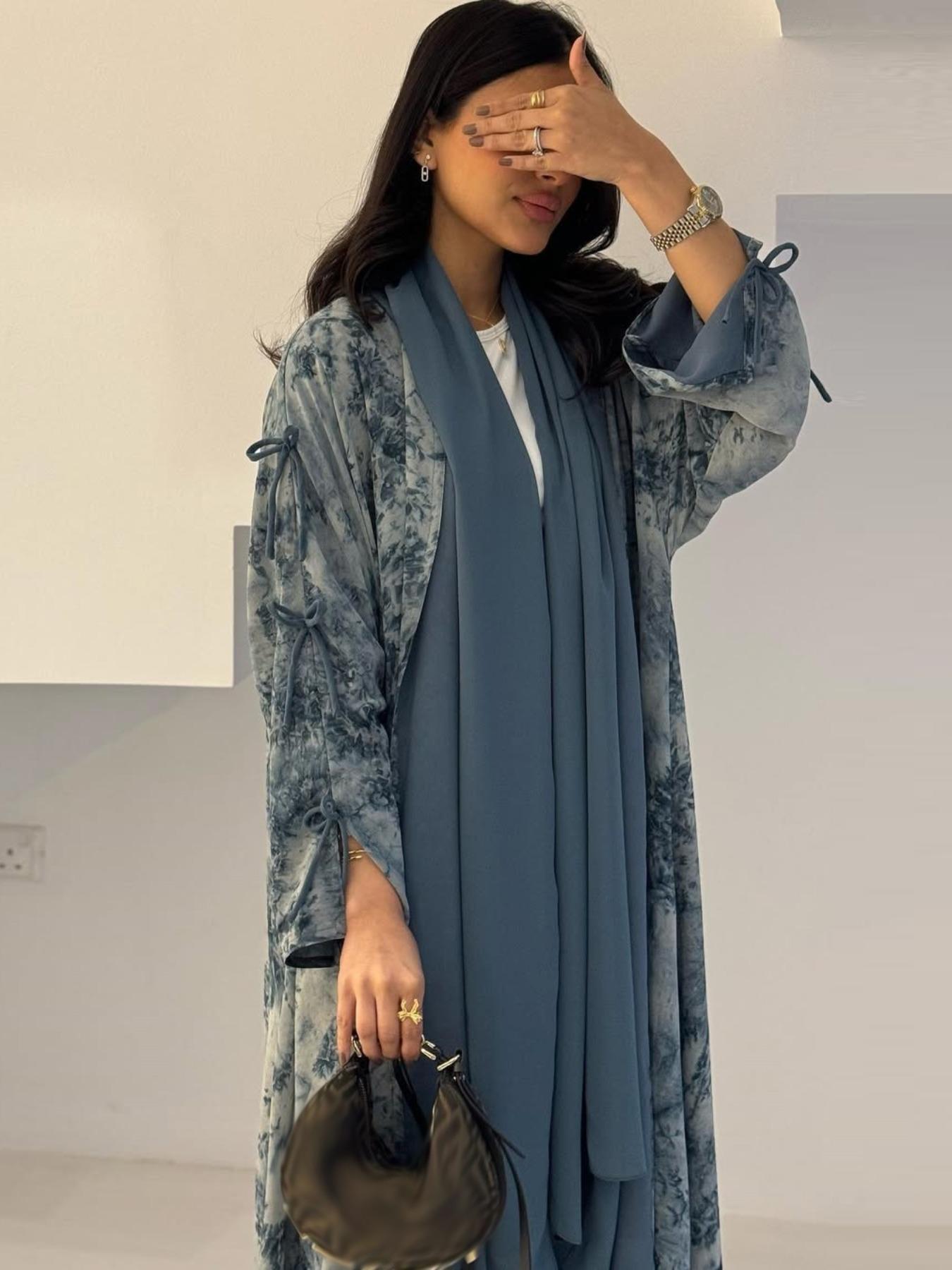 Women's Tie Dye Print Long Sleeve Open Front Abaya, Elegant Casual Tie Dye Print Long Robe, Women's Islamic Clothing for Daily Wear, Abaya Hijab Set, Abayas for Eid, Floral Print Abaya, Abaya Dress Set, Modesty Abaya, Modest Muslim Outfits