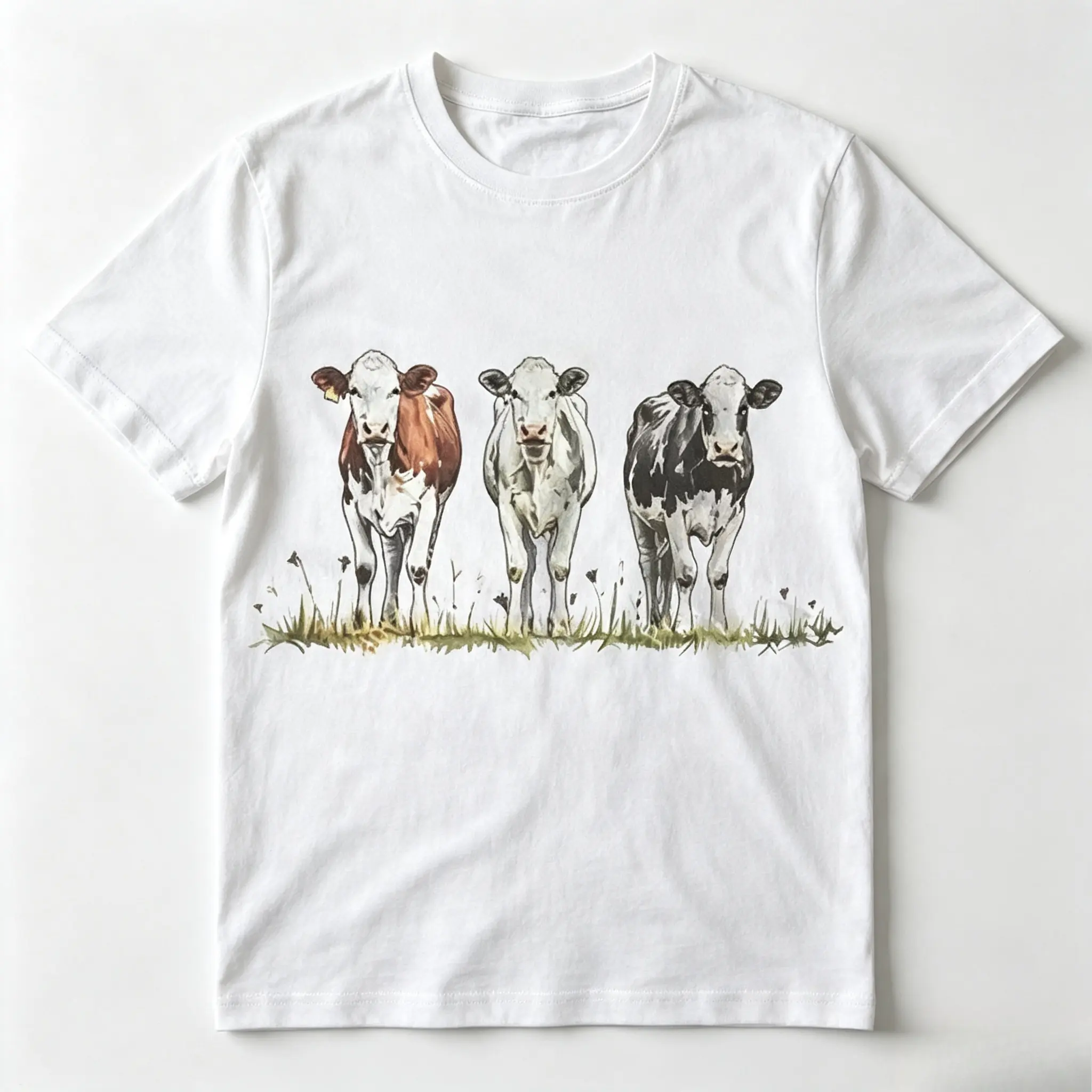 Watercolor Three Farm Cows Graphic Cotton T-Shirt, Oversized Comfort Fashion Casual Outfit, A Perfect Valentine's Day Holiday Gift for Lovers, Family and Friends For Him Her