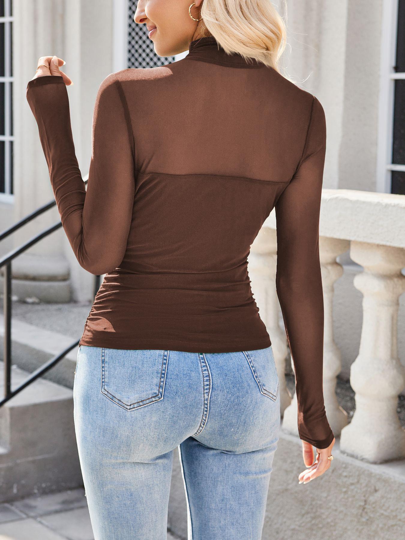 Women's Solid Color Mock Neck Mesh Patchwork T-Shirt Fit, Stylish